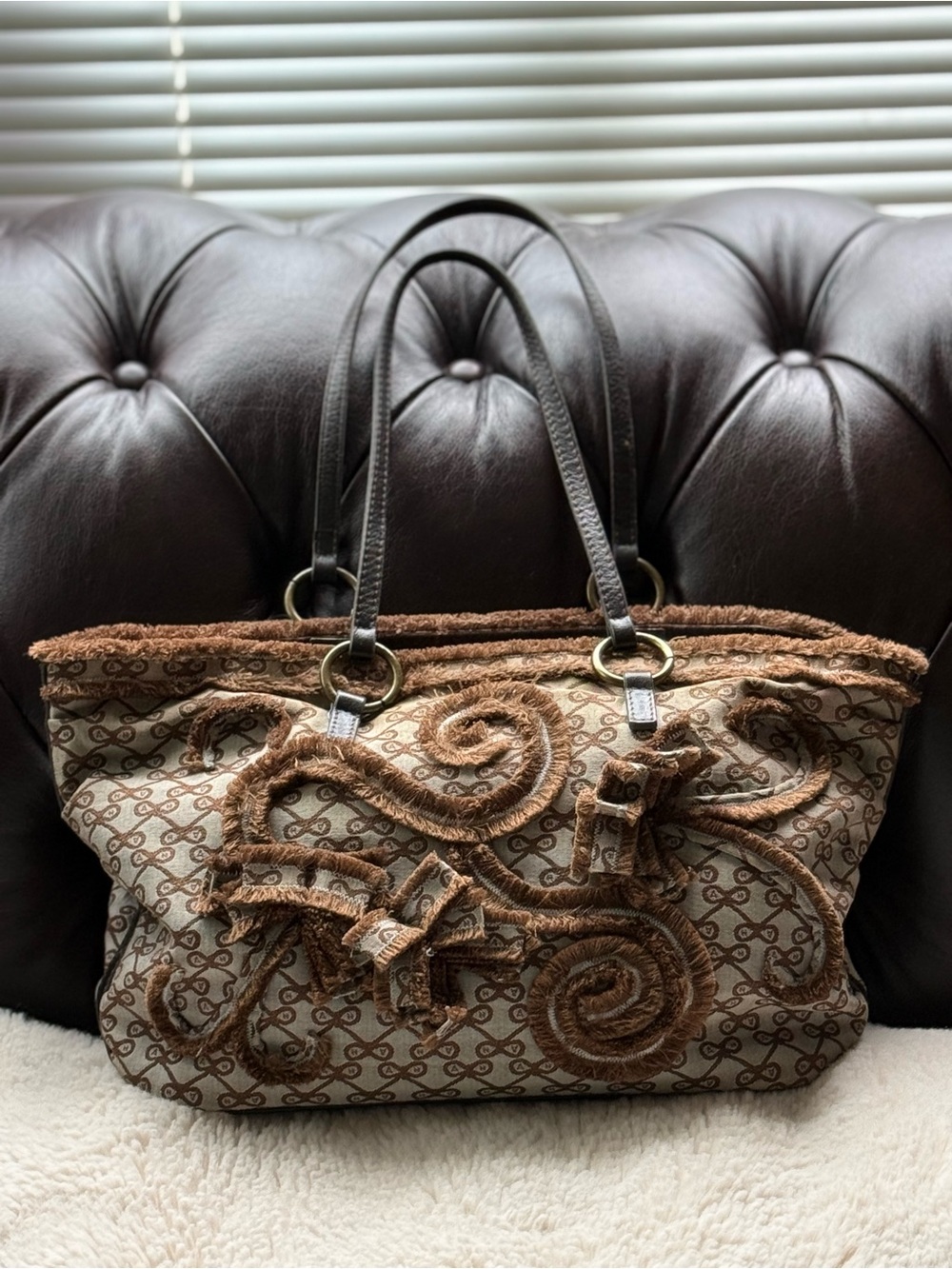 Anya Hindmarch EUC Brown Embroidered Tote Bag Unique Made in Italy - Picture 3 of 7